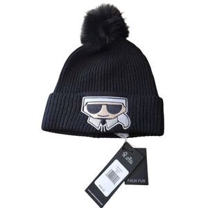 Karl Lagerfeld‎ Paris Beanie Women's One Size Black Knit Pom Rhinestone Logo